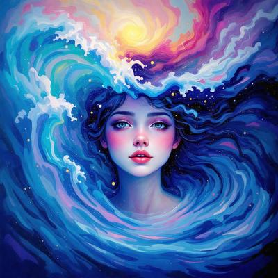 The primary subject of the image is a woman with long hair, who is depicted as a mermaid. She is surrounded by a vibrant and colorful underwater environment, which includes a mix of blue, purple, and pink hues. The setting is a combination of a painting and a digital artwork, creating a unique and visually appealing scene. The woman's appearance and the underwater background evoke a sense of fantasy and wonder.
